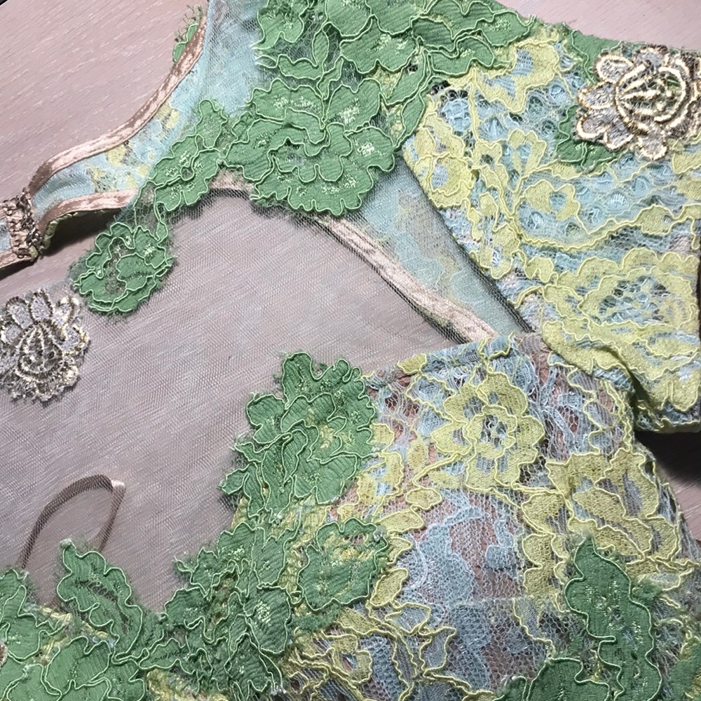 Jovani Lace Green Gold Double Layer Dress - Picture 10 of 12
